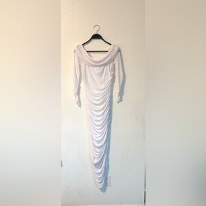 Fashion Nova White Ruched Cowl Neck Maxi Dress